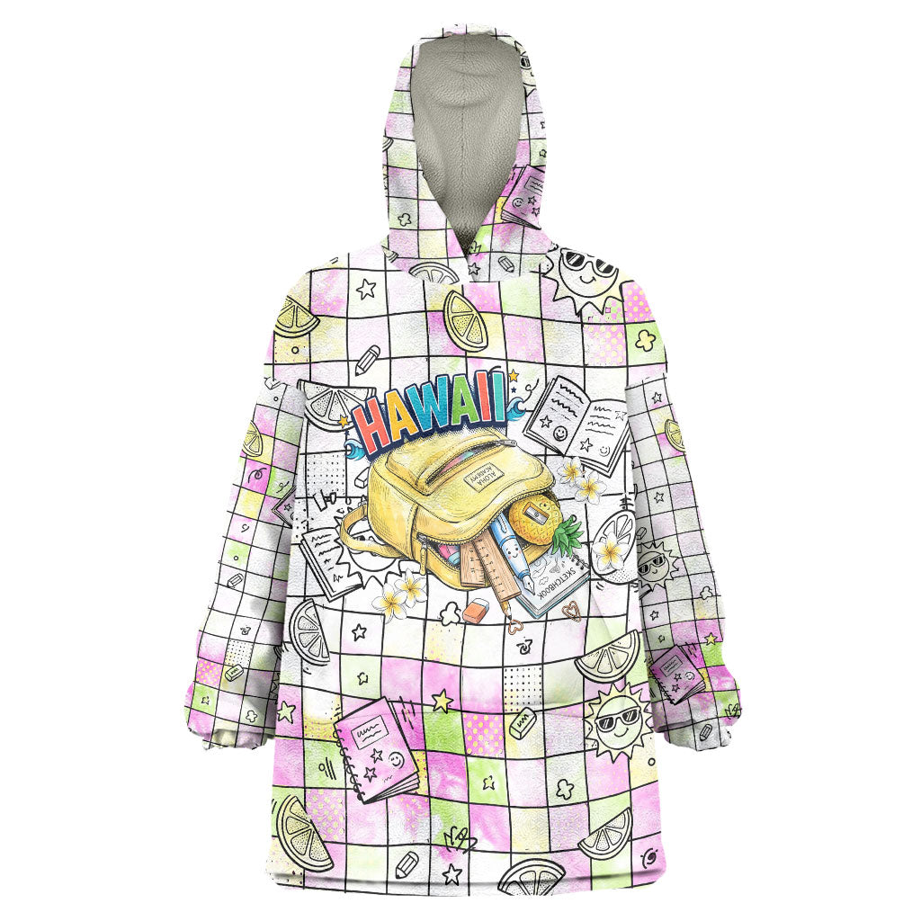 Hawaii Cruising Back To School Wearable Blanket Hoodie Grid Pattern With School Bag And Vintage Surf Van TS04 One Size White Yellow - Polynesian Pride