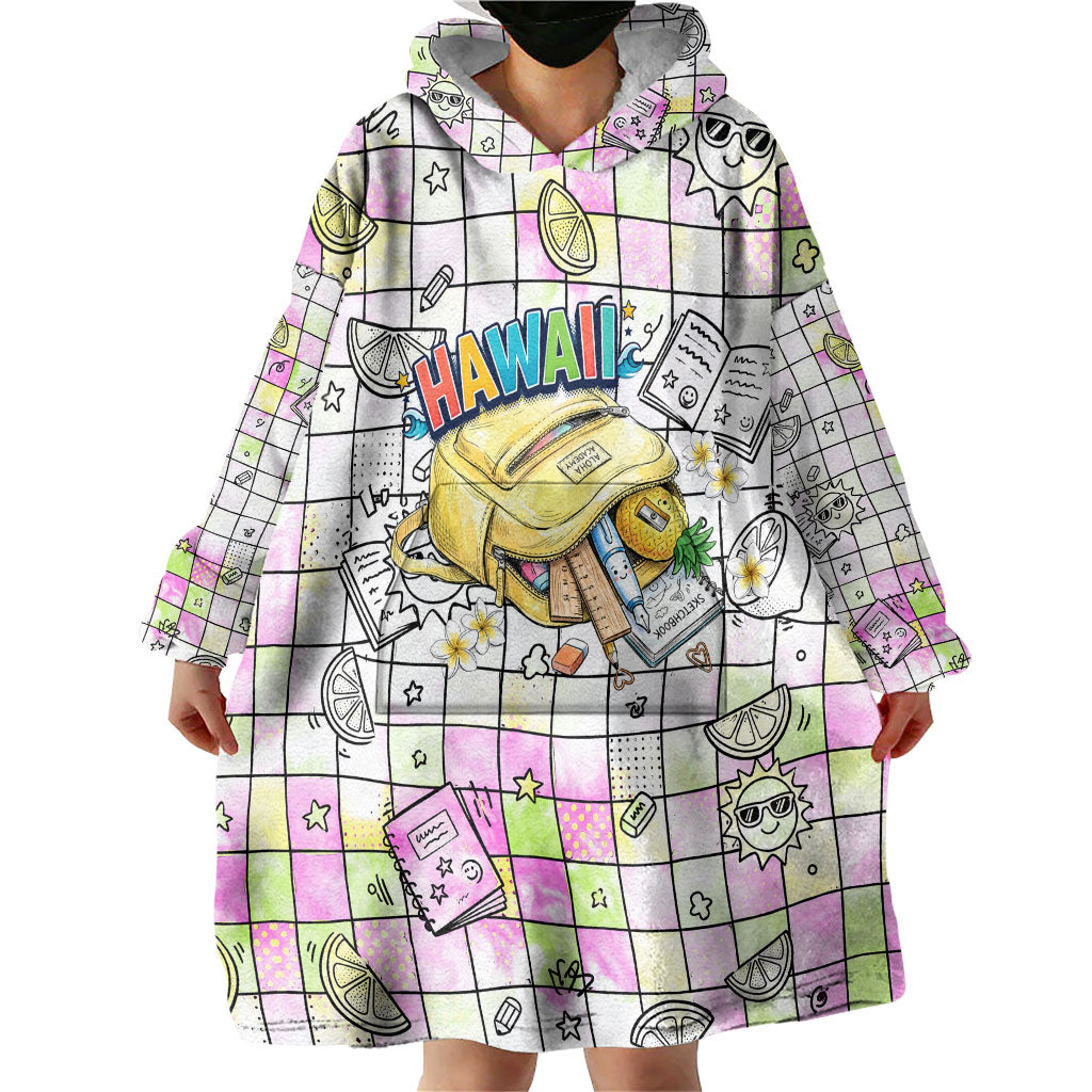 Hawaii Cruising Back To School Wearable Blanket Hoodie Grid Pattern With School Bag And Vintage Surf Van TS04 - Polynesian Pride