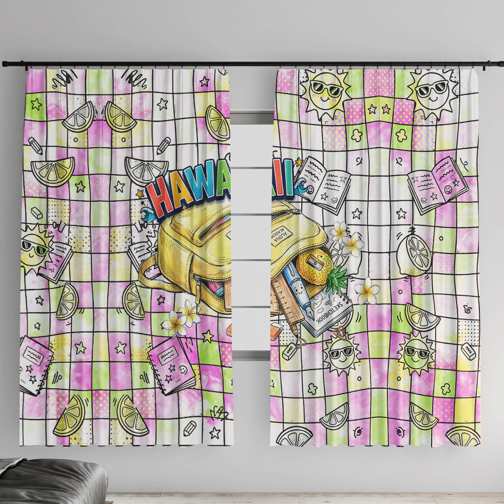 Hawaii Cruising Back To School Window Curtain Grid Pattern With School Bag And Vintage Surf Van TS04 With Hooks White Yellow - Polynesian Pride