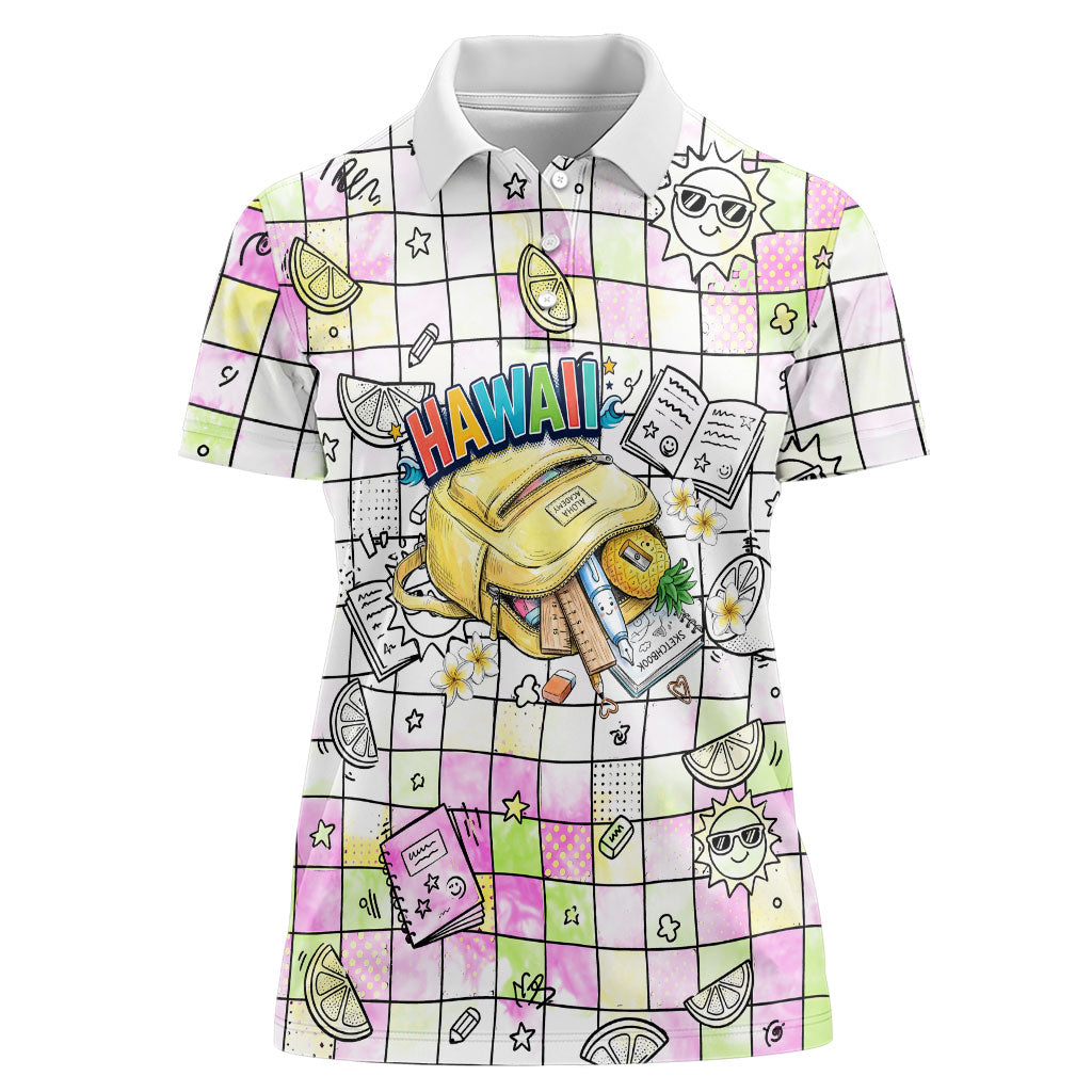 Hawaii Cruising Back To School Women Polo Shirt Grid Pattern With School Bag And Vintage Surf Van TS04 Female White Yellow - Polynesian Pride