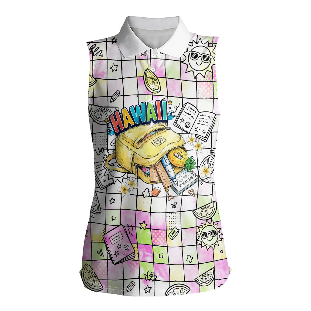 Hawaii Cruising Back To School Women Sleeveless Polo Shirt Grid Pattern With School Bag And Vintage Surf Van TS04 Female White Yellow - Polynesian Pride
