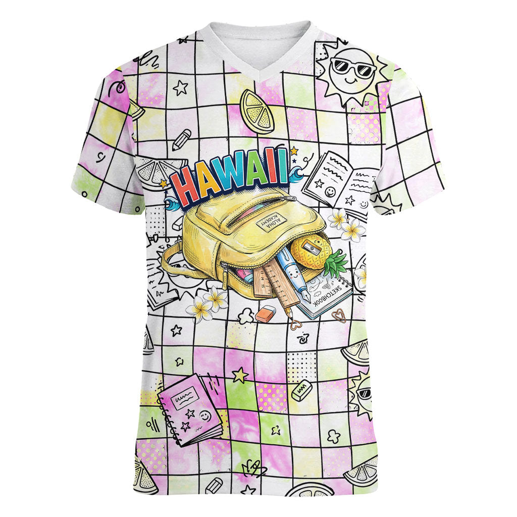 Hawaii Cruising Back To School Women V-Neck T-Shirt Grid Pattern With School Bag And Vintage Surf Van TS04 Female White Yellow - Polynesian Pride