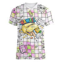 Hawaii Cruising Back To School Women V-Neck T-Shirt Grid Pattern With School Bag And Vintage Surf Van TS04 Female White Yellow - Polynesian Pride