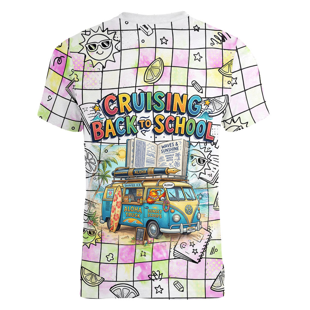 Hawaii Cruising Back To School Women V-Neck T-Shirt Grid Pattern With School Bag And Vintage Surf Van TS04 - Polynesian Pride