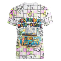 Hawaii Cruising Back To School Women V-Neck T-Shirt Grid Pattern With School Bag And Vintage Surf Van TS04 - Polynesian Pride