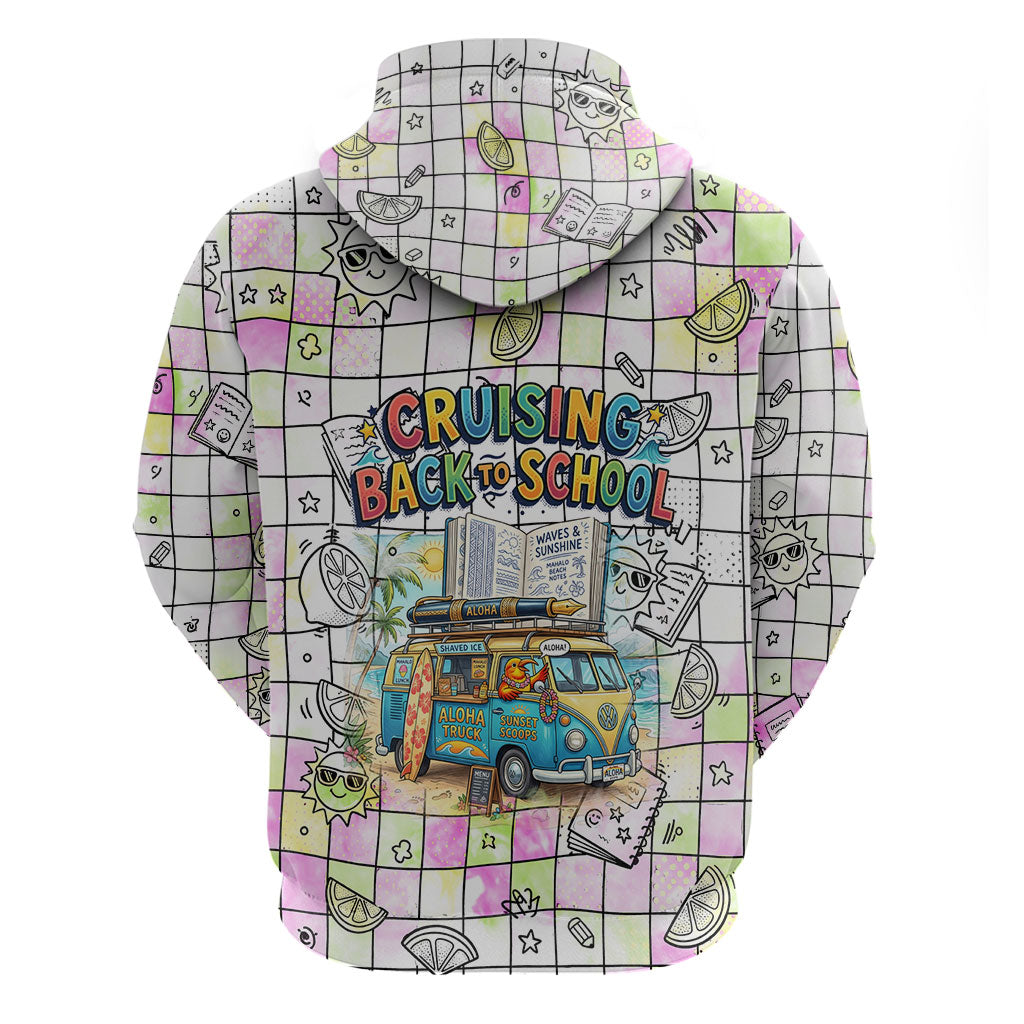 Hawaii Cruising Back To School Zip Hoodie Grid Pattern With School Bag And Vintage Surf Van TS04 - Polynesian Pride