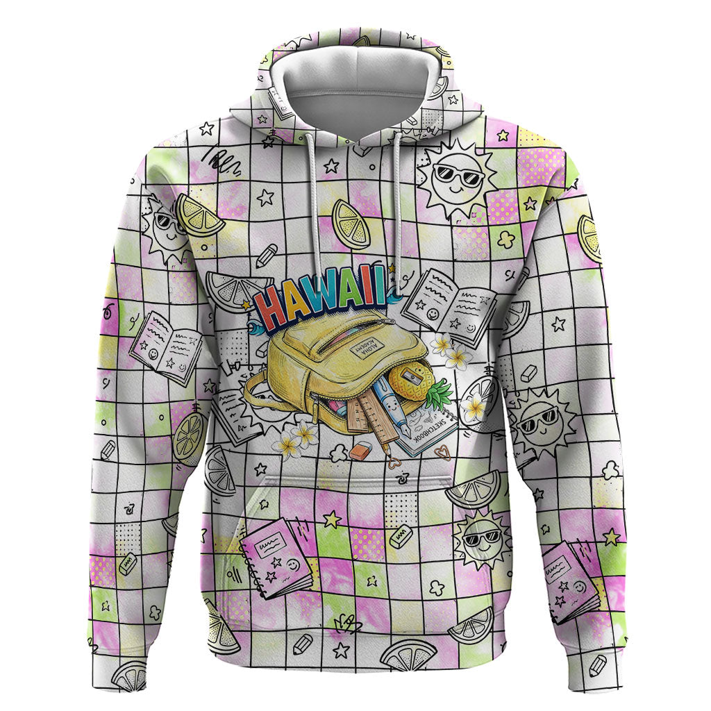 Hawaii Cruising Back To School Zip Hoodie Grid Pattern With School Bag And Vintage Surf Van TS04 Pullover Hoodie White Yellow - Polynesian Pride