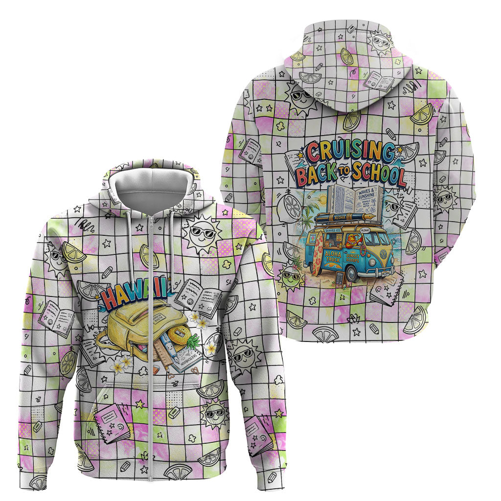 Hawaii Cruising Back To School Zip Hoodie Grid Pattern With School Bag And Vintage Surf Van TS04 - Polynesian Pride