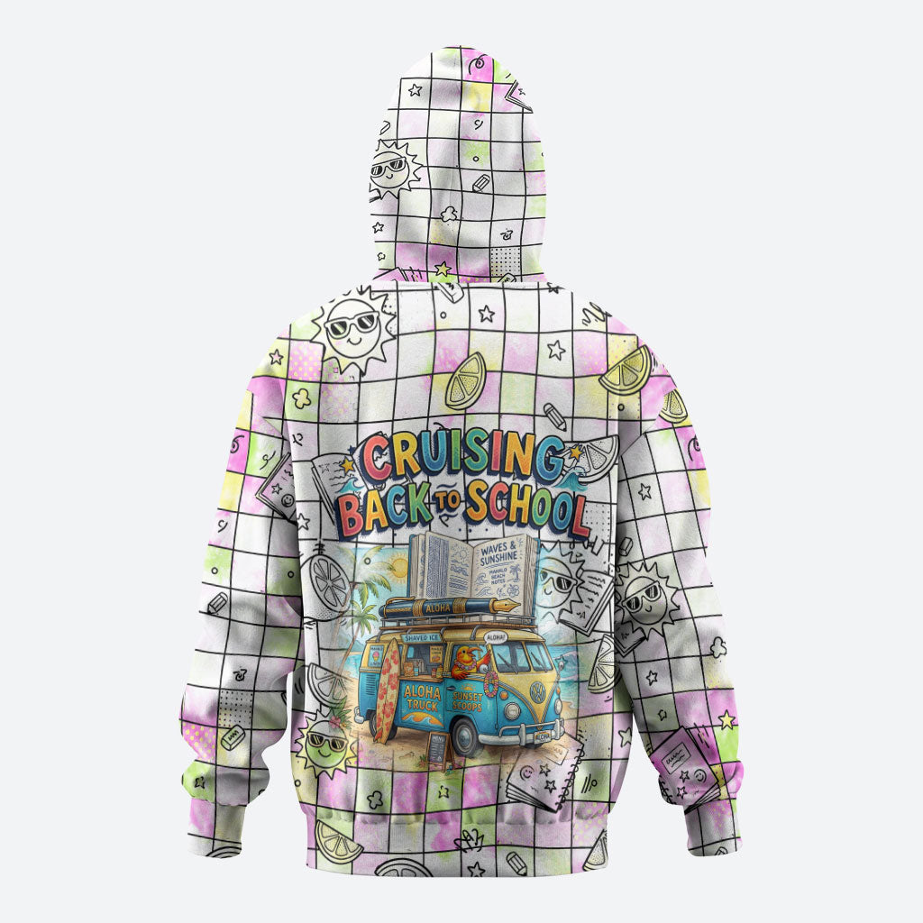 Hawaii Cruising Back To School Zip Hoodie Grid Pattern With School Bag And Vintage Surf Van TS04 - Polynesian Pride