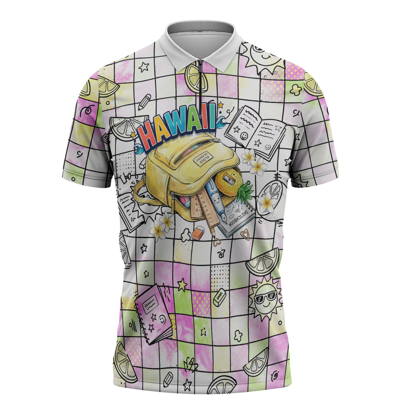 Hawaii Cruising Back To School Zipper Polo Shirt Grid Pattern With School Bag And Vintage Surf Van TS04 White Yellow - Polynesian Pride