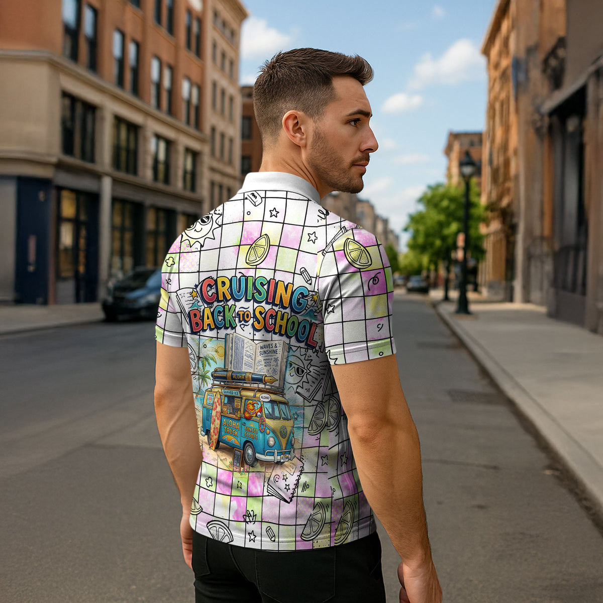 Hawaii Cruising Back To School Zipper Polo Shirt Grid Pattern With School Bag And Vintage Surf Van TS04 - Polynesian Pride