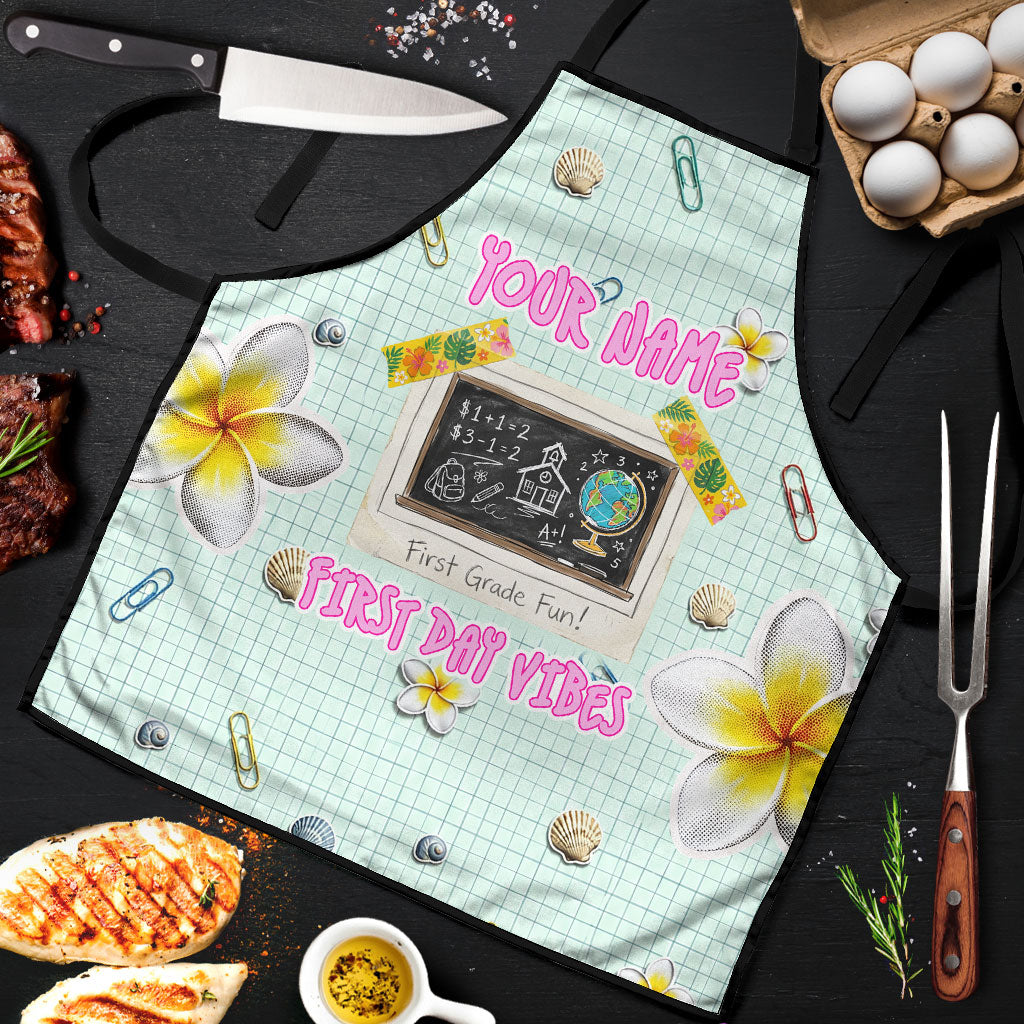 Personalized Hawaii Back To School Dolphin Apron Grid Notebook Background With Dolphin Mascot And Plumeria Flowers TS04 Green White - Polynesian Pride