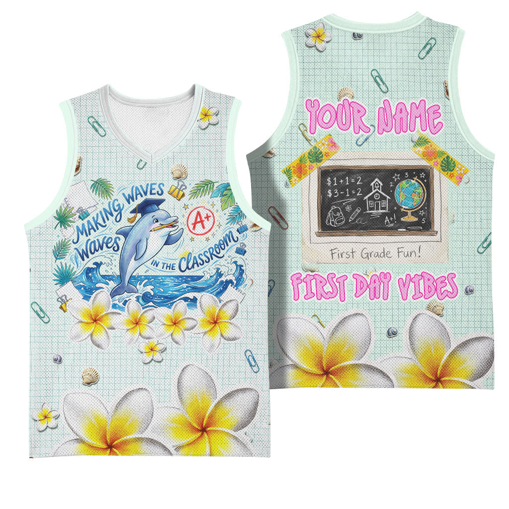 Personalized Hawaii Back To School Dolphin Basketball Jersey Grid Notebook Background With Dolphin Mascot And Plumeria Flowers TS04 - Polynesian Pride