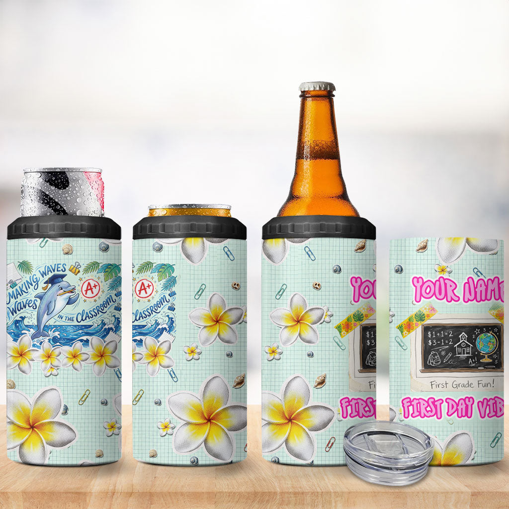Personalized Hawaii Back To School Dolphin 4 in 1 Can Cooler Tumbler Grid Notebook Background With Dolphin Mascot And Plumeria Flowers TS04 - Polynesian Pride