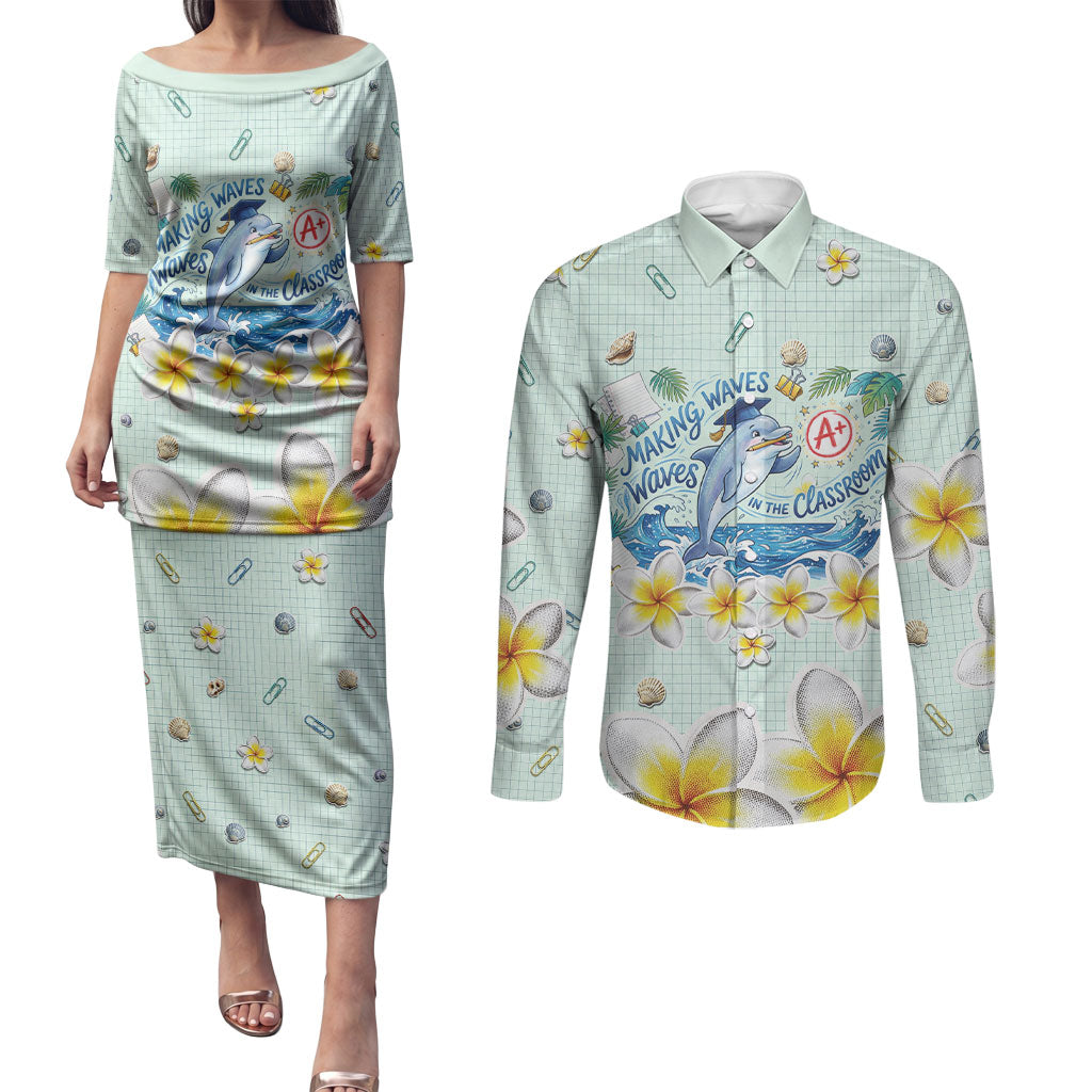 Personalized Hawaii Back To School Dolphin Couples Matching Puletasi and Long Sleeve Button Shirt Grid Notebook Background With Dolphin Mascot And Plumeria Flowers TS04 Green White - Polynesian Pride