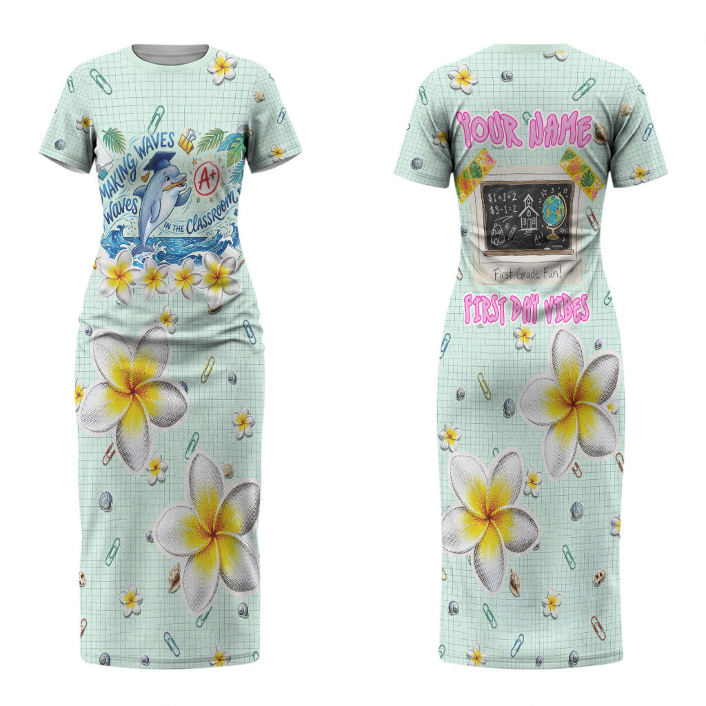 Personalized Hawaii Back To School Dolphin Couples Matching Short Sleeve Bodycon Dress and Long Sleeve Button Shirt Grid Notebook Background With Dolphin Mascot And Plumeria Flowers TS04 - Polynesian Pride