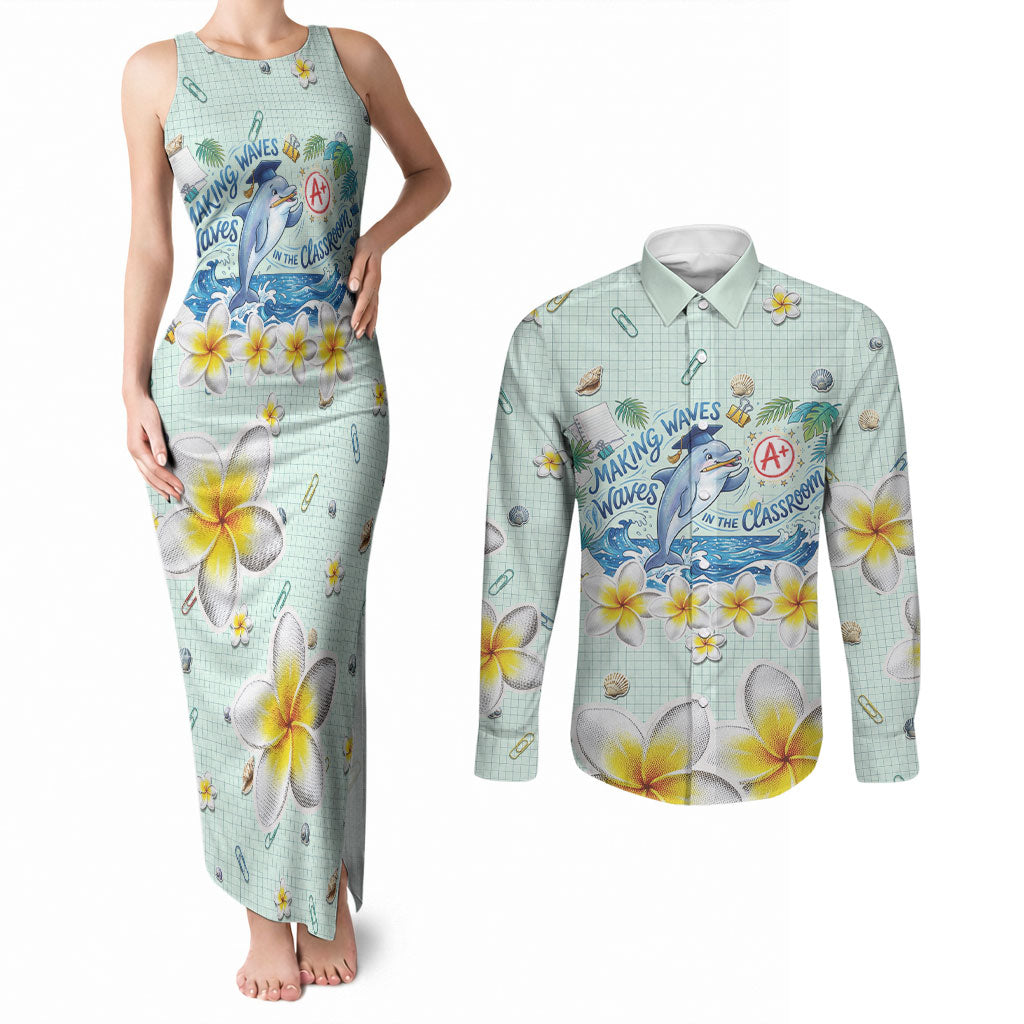 Personalized Hawaii Back To School Dolphin Couples Matching Tank Maxi Dress and Long Sleeve Button Shirt Grid Notebook Background With Dolphin Mascot And Plumeria Flowers TS04 Green White - Polynesian Pride