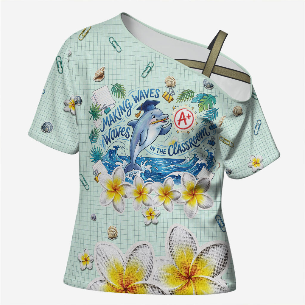 Personalized Hawaii Back To School Dolphin Cross Shoulder Shirt Grid Notebook Background With Dolphin Mascot And Plumeria Flowers TS04 Female Green White - Polynesian Pride
