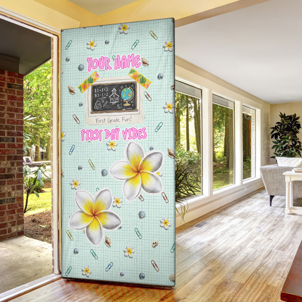 Personalized Hawaii Back To School Dolphin Door Cover Grid Notebook Background With Dolphin Mascot And Plumeria Flowers TS04 - Polynesian Pride