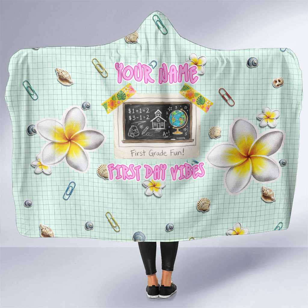 Personalized Hawaii Back To School Dolphin Hooded Blanket Grid Notebook Background With Dolphin Mascot And Plumeria Flowers TS04 One Size Green White - Polynesian Pride