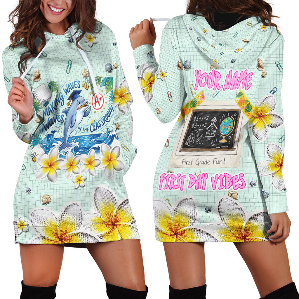 Personalized Hawaii Back To School Dolphin Hoodie Dress Grid Notebook Background With Dolphin Mascot And Plumeria Flowers TS04 - Polynesian Pride