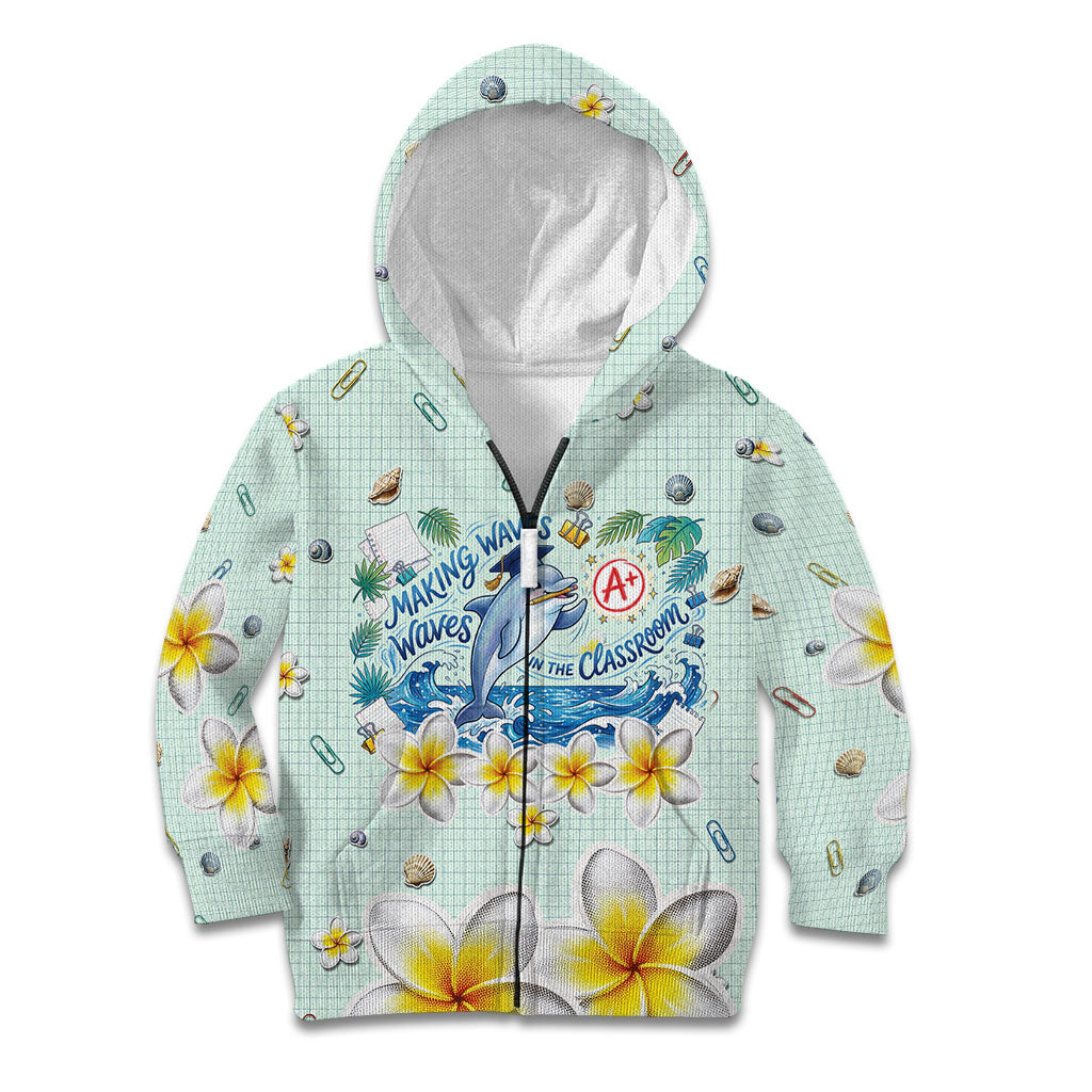 Personalized Hawaii Back To School Dolphin Kid Hoodie Grid Notebook Background With Dolphin Mascot And Plumeria Flowers TS04 Zip Hoodie Green White - Polynesian Pride