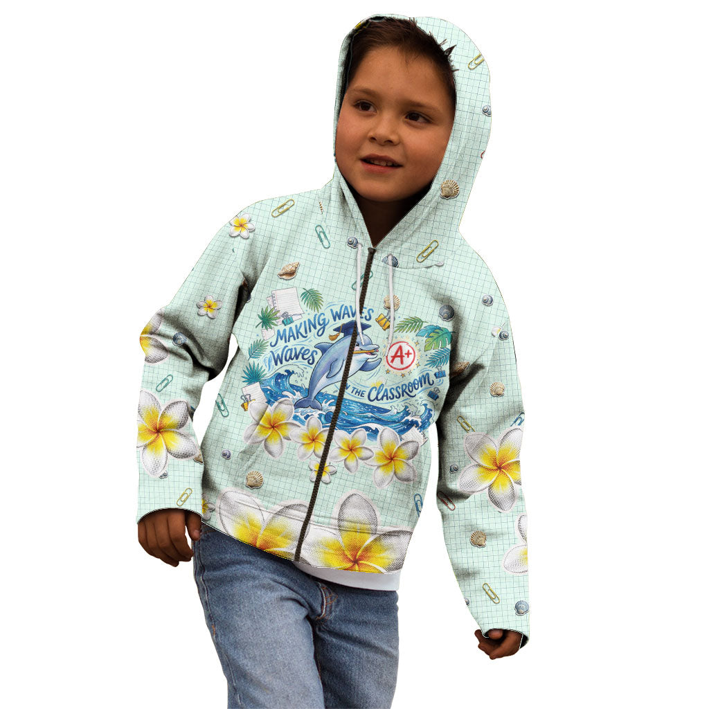 Personalized Hawaii Back To School Dolphin Kid Hoodie Grid Notebook Background With Dolphin Mascot And Plumeria Flowers TS04 - Polynesian Pride