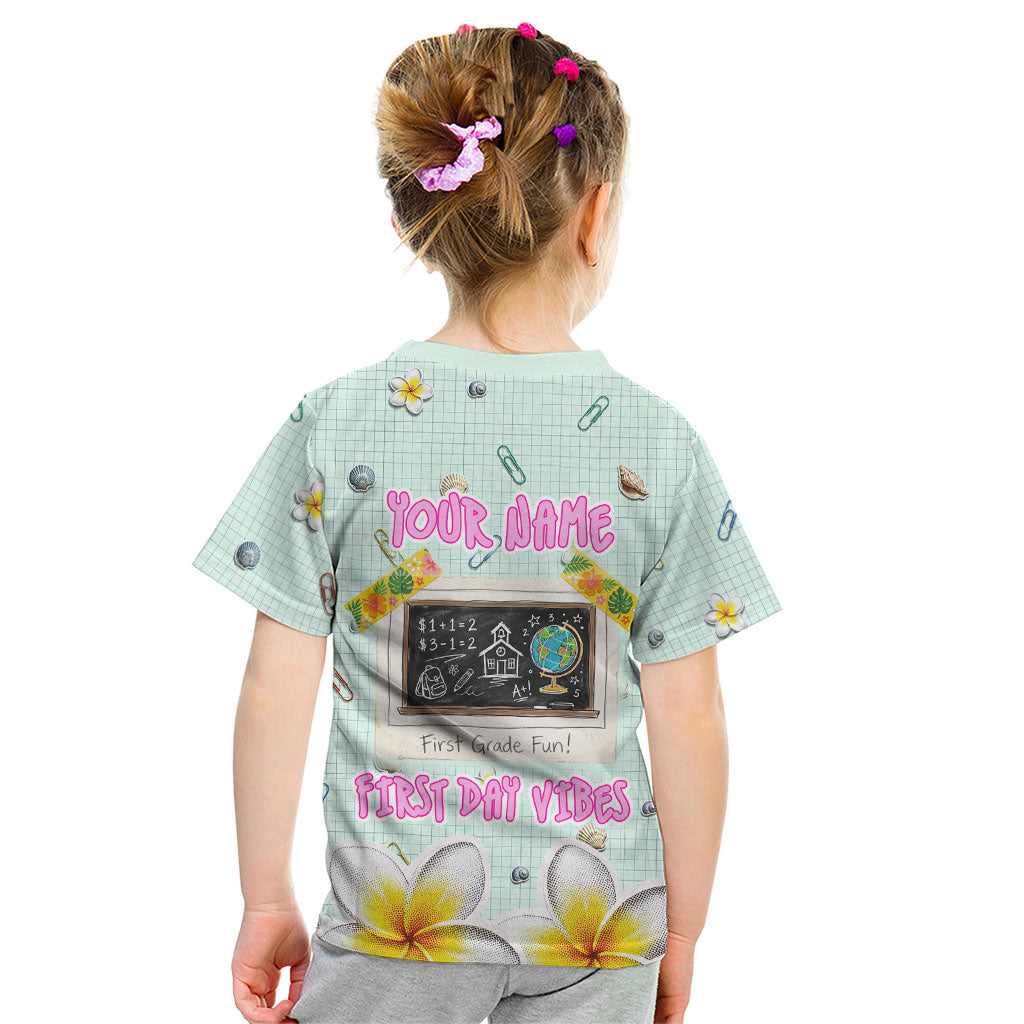 Personalized Hawaii Back To School Dolphin Kid T Shirt Grid Notebook Background With Dolphin Mascot And Plumeria Flowers TS04 - Polynesian Pride