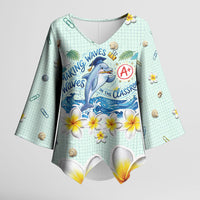 Personalized Hawaii Back To School Dolphin Kimono Sleeve Blouse Grid Notebook Background With Dolphin Mascot And Plumeria Flowers TS04 Female Green White - Polynesian Pride