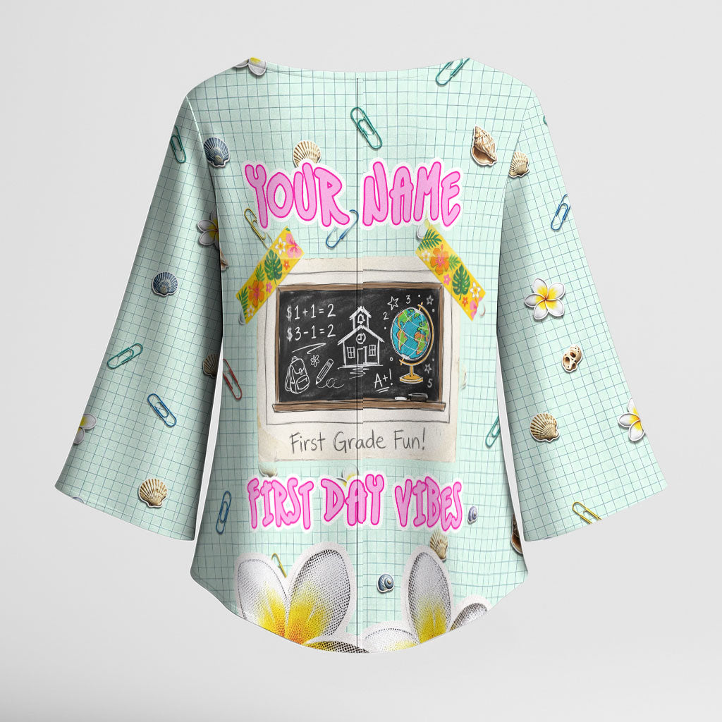 Personalized Hawaii Back To School Dolphin Kimono Sleeve Blouse Grid Notebook Background With Dolphin Mascot And Plumeria Flowers TS04 - Polynesian Pride
