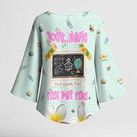Personalized Hawaii Back To School Dolphin Kimono Sleeve Blouse Grid Notebook Background With Dolphin Mascot And Plumeria Flowers TS04 - Polynesian Pride