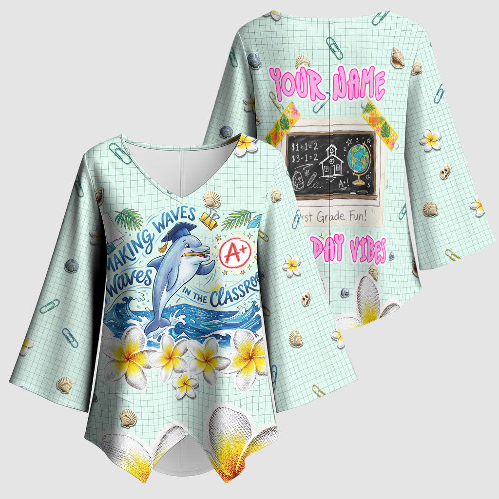 Personalized Hawaii Back To School Dolphin Kimono Sleeve Blouse Grid Notebook Background With Dolphin Mascot And Plumeria Flowers TS04 - Polynesian Pride