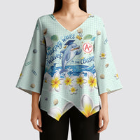 Personalized Hawaii Back To School Dolphin Kimono Sleeve Blouse Grid Notebook Background With Dolphin Mascot And Plumeria Flowers TS04 - Polynesian Pride