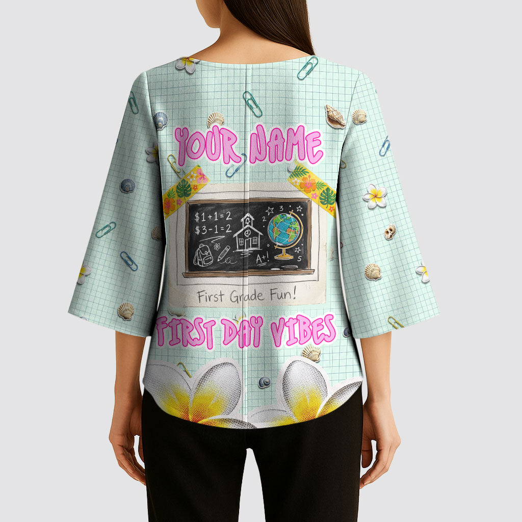 Personalized Hawaii Back To School Dolphin Kimono Sleeve Blouse Grid Notebook Background With Dolphin Mascot And Plumeria Flowers TS04 - Polynesian Pride