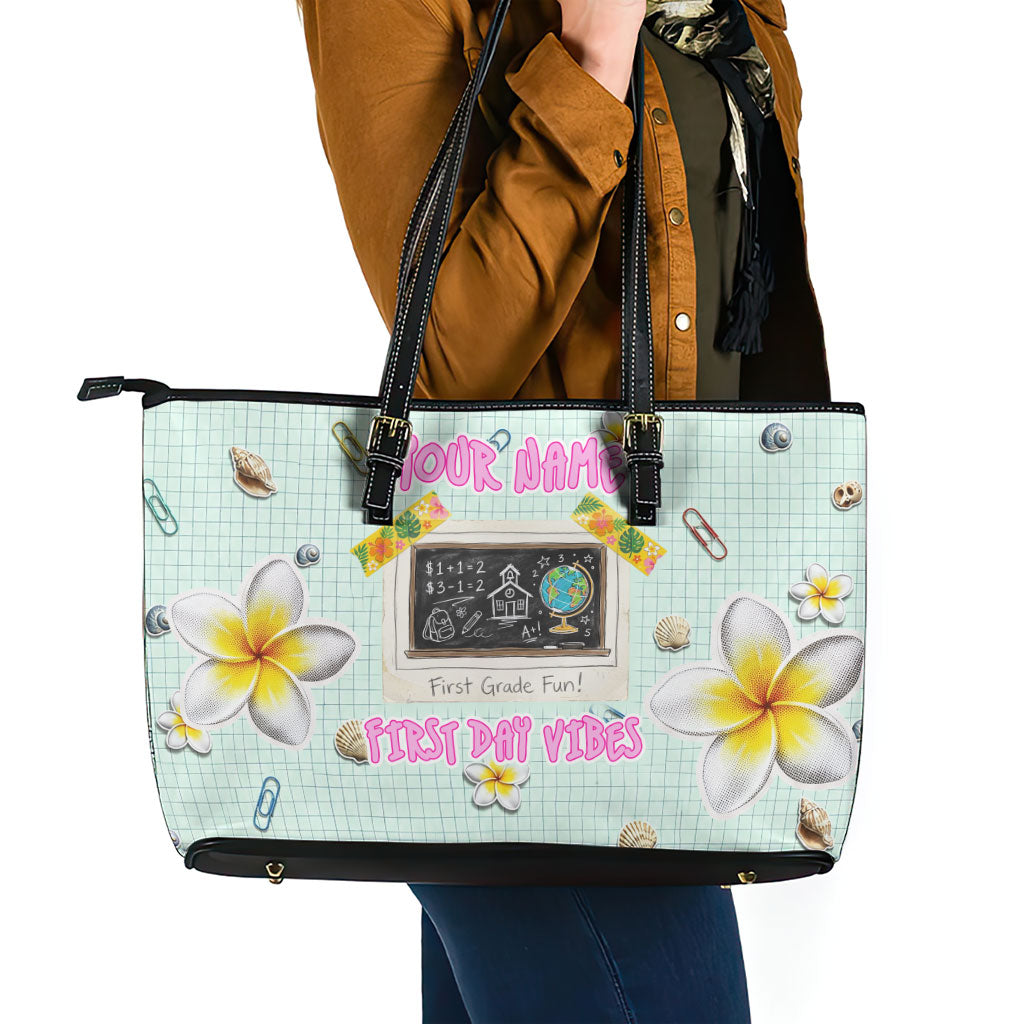 Personalized Hawaii Back To School Dolphin Leather Tote Bag Grid Notebook Background With Dolphin Mascot And Plumeria Flowers TS04 - Polynesian Pride