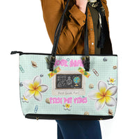 Personalized Hawaii Back To School Dolphin Leather Tote Bag Grid Notebook Background With Dolphin Mascot And Plumeria Flowers TS04 - Polynesian Pride
