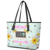 Personalized Hawaii Back To School Dolphin Leather Tote Bag Grid Notebook Background With Dolphin Mascot And Plumeria Flowers TS04 - Polynesian Pride