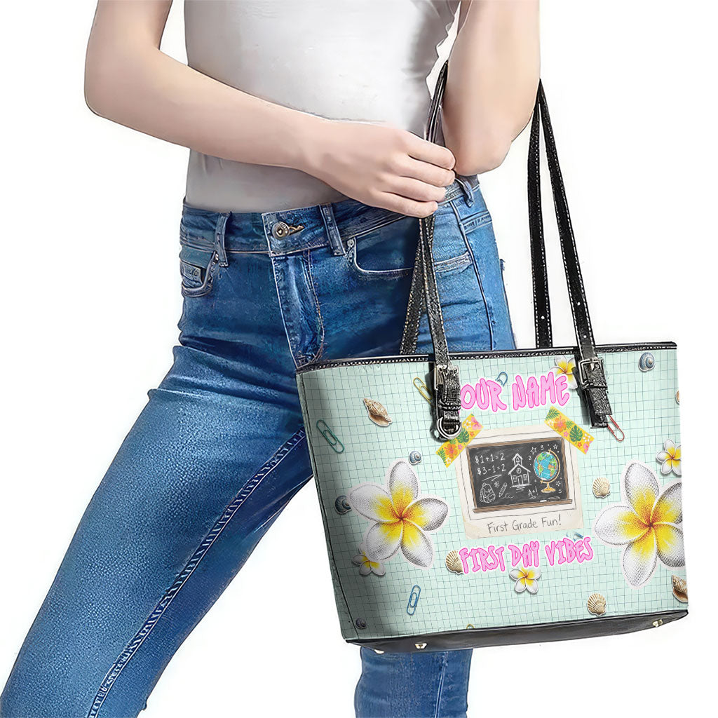 Personalized Hawaii Back To School Dolphin Leather Tote Bag Grid Notebook Background With Dolphin Mascot And Plumeria Flowers TS04 - Polynesian Pride