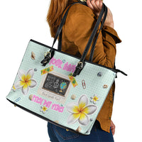 Personalized Hawaii Back To School Dolphin Leather Tote Bag Grid Notebook Background With Dolphin Mascot And Plumeria Flowers TS04 - Polynesian Pride