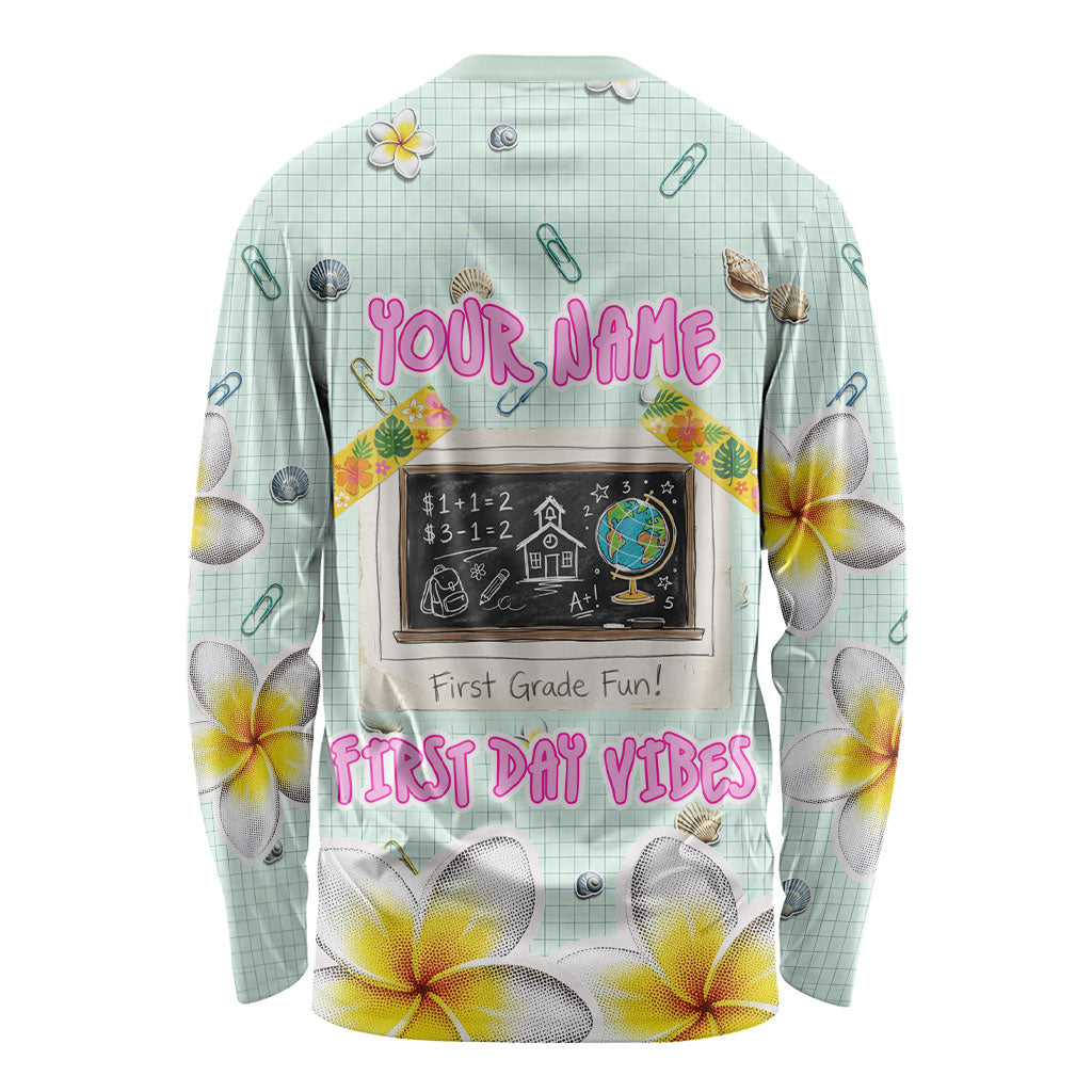Personalized Hawaii Back To School Dolphin Long Sleeve Shirt Grid Notebook Background With Dolphin Mascot And Plumeria Flowers TS04 - Polynesian Pride