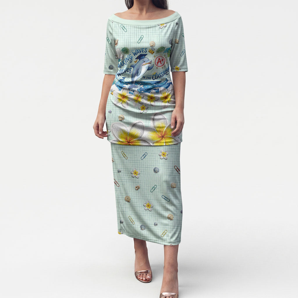 Personalized Hawaii Back To School Dolphin Puletasi Grid Notebook Background With Dolphin Mascot And Plumeria Flowers TS04 Long Dress Green White - Polynesian Pride
