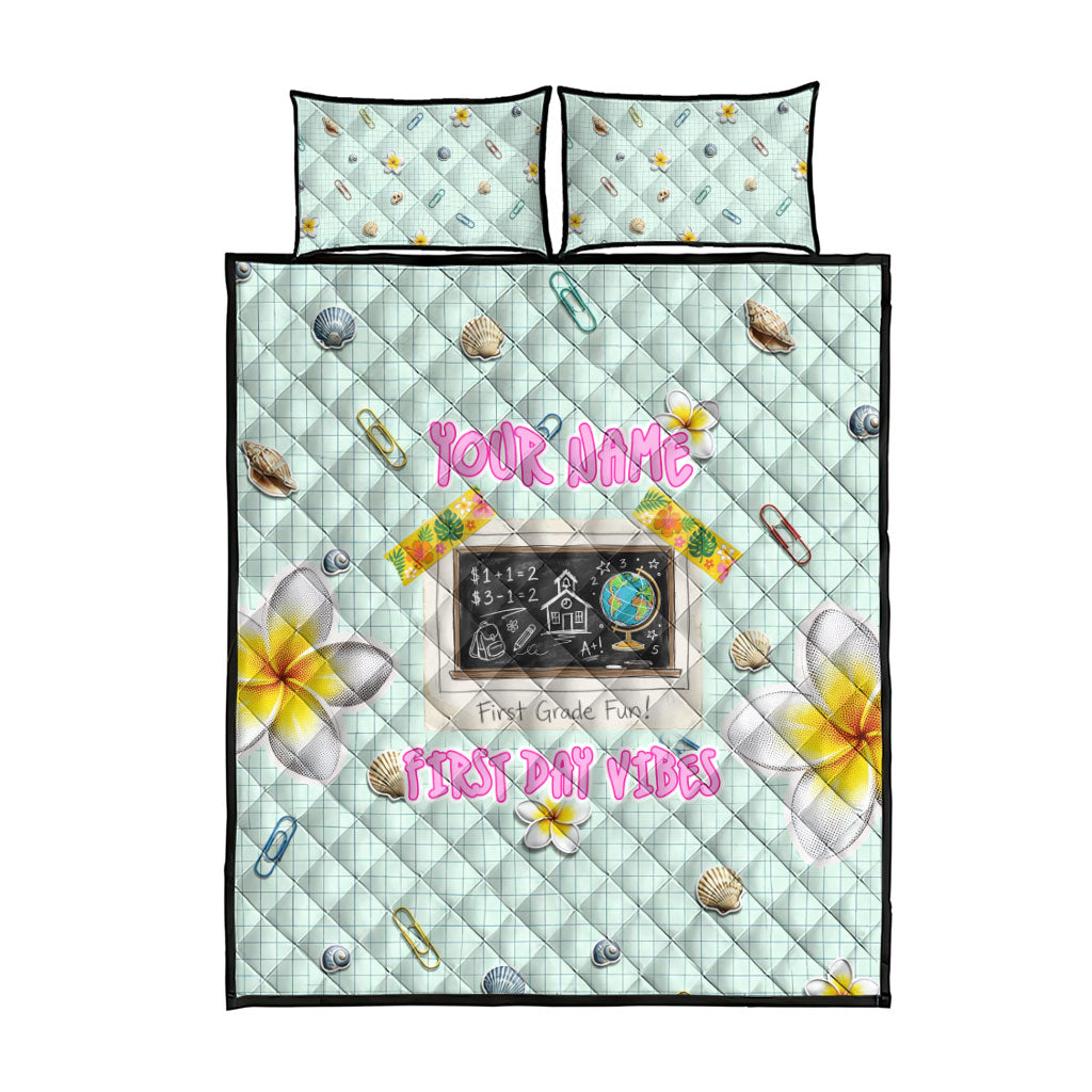 Personalized Hawaii Back To School Dolphin Quilt Bed Set Grid Notebook Background With Dolphin Mascot And Plumeria Flowers TS04 - Polynesian Pride