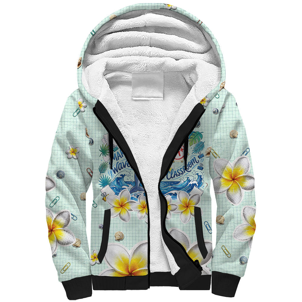 Personalized Hawaii Back To School Dolphin Sherpa Hoodie Grid Notebook Background With Dolphin Mascot And Plumeria Flowers TS04 Unisex Green White - Polynesian Pride