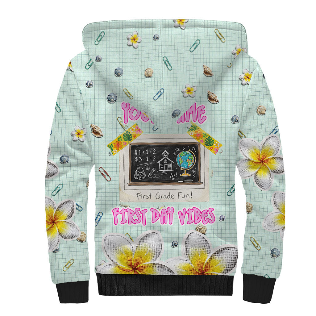 Personalized Hawaii Back To School Dolphin Sherpa Hoodie Grid Notebook Background With Dolphin Mascot And Plumeria Flowers TS04 - Polynesian Pride