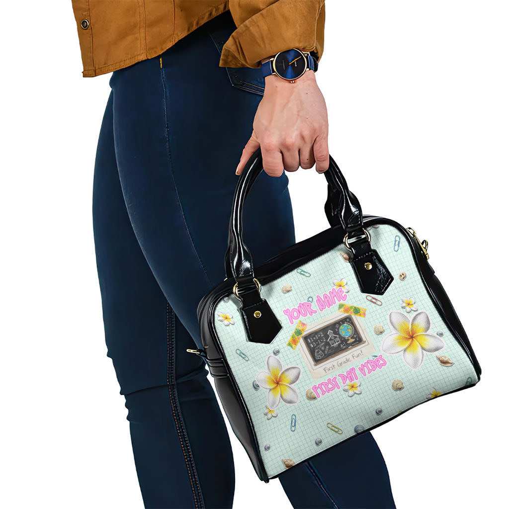 Personalized Hawaii Back To School Dolphin Shoulder Handbag Grid Notebook Background With Dolphin Mascot And Plumeria Flowers TS04 - Polynesian Pride