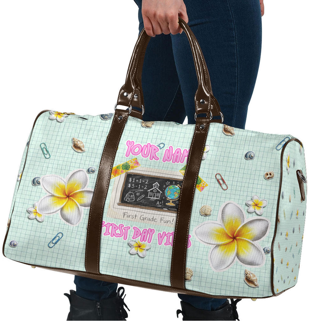 Personalized Hawaii Back To School Dolphin Travel Bag Grid Notebook Background With Dolphin Mascot And Plumeria Flowers TS04 - Polynesian Pride
