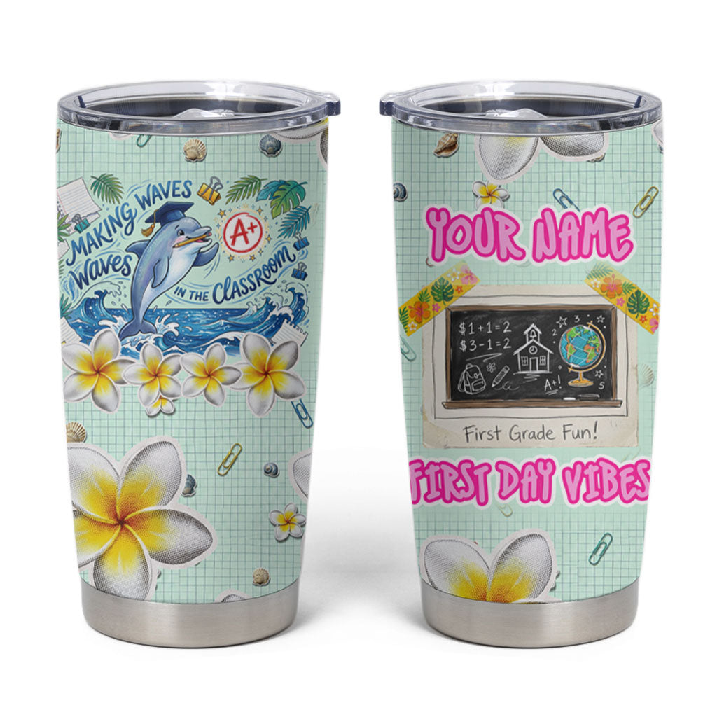 Personalized Hawaii Back To School Dolphin Tumbler Cup Grid Notebook Background With Dolphin Mascot And Plumeria Flowers TS04 Green White - Polynesian Pride