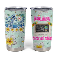 Personalized Hawaii Back To School Dolphin Tumbler Cup Grid Notebook Background With Dolphin Mascot And Plumeria Flowers TS04 Green White - Polynesian Pride