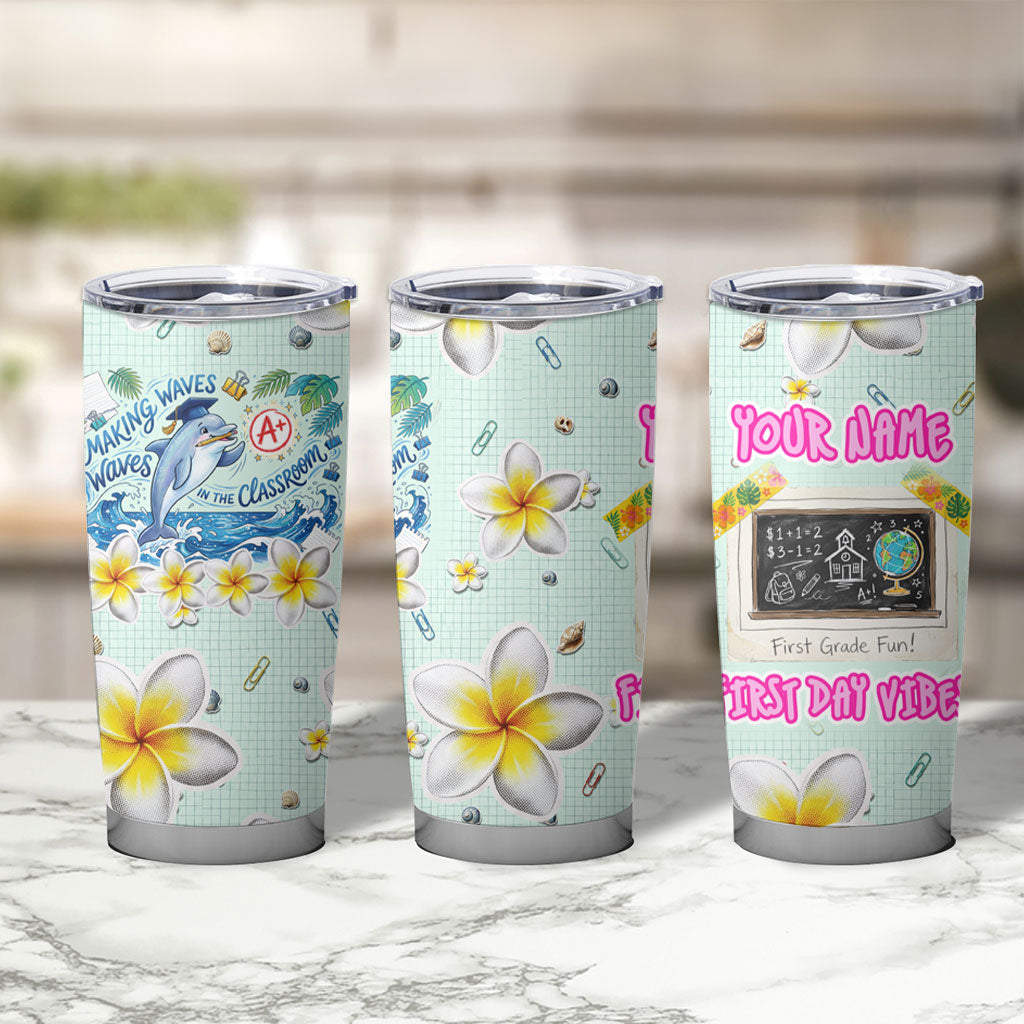 Personalized Hawaii Back To School Dolphin Tumbler Cup Grid Notebook Background With Dolphin Mascot And Plumeria Flowers TS04 - Polynesian Pride