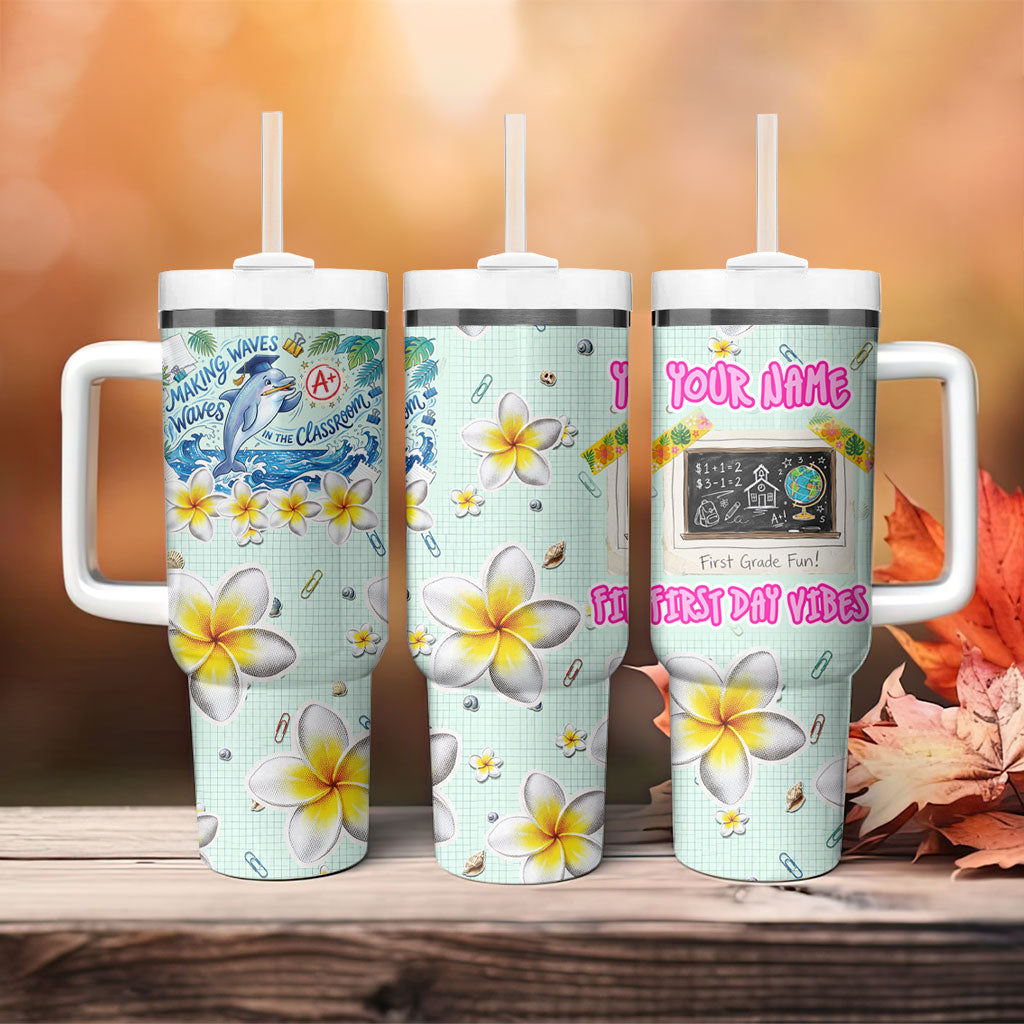 Personalized Hawaii Back To School Dolphin Tumbler With Handle Grid Notebook Background With Dolphin Mascot And Plumeria Flowers TS04 - Polynesian Pride